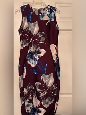 Calvin Klein Burgundy Midi Dress with Blue and Gray Floral Print